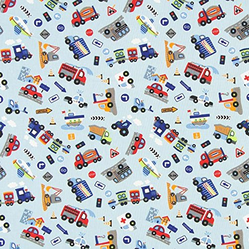 Fabulous Fabrics Baumwollstoff Cretonne Fahrzeuge - hellblau - Meterware ab 50cm - STANDARD 100 by OEKO-TEX® Produktklasse I - zum Nähen von Kinder Deko, Babydekoration und Bettwäsche