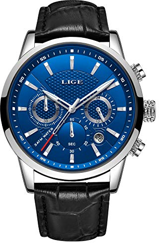 LIGE Watch Men's Fashion Waterproof Sports Chronograph Analogue Quartz Stainless Steel Leather Bracelet Black Blue Dial Wristwatch