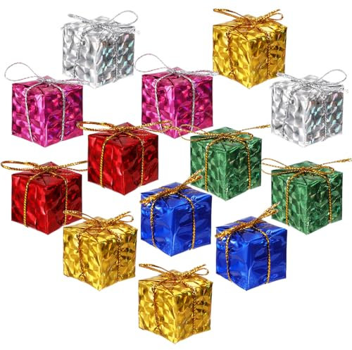 EXCEART 72 Pcs Mini Christmas Tree Ornaments Hanging Box Decorations Christmas Pendants Foil Wrapped Small Presents for Xmas Tree Hanging Decor