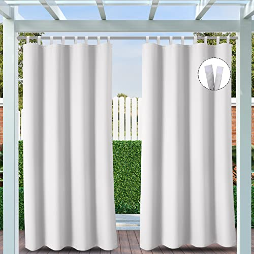 Clothink 2er Set Outdoor Vorhänge Wasserfest Sonnenschutz Winddicht mit Klettband Oben für Terrasse Garten Balkon Familienhaushalte einfache Montage farbecht haltbar(132x215cm, Grau-Weiß)