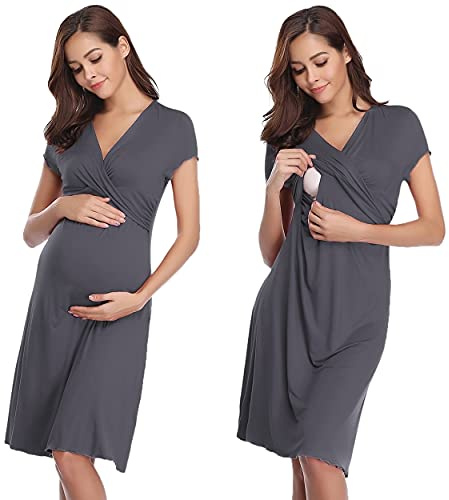 Amningsklänning för kvinnor moderskap nattskjorta amning nattlinne mjuk nattlinne v-ringad pyjamas myskläder för gravid ledig, Mörkgrått, L