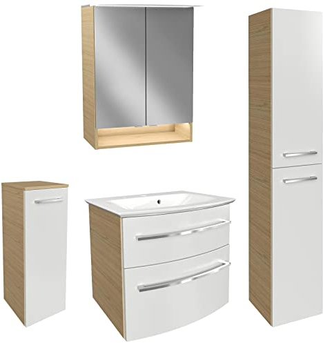 FACKELMANN Badmöbel Set B.Style 5-TLG. weiß-braun Unterschrank Links & Mineralgusswaschbecken & LED Spiegelschrank - Made in Germany