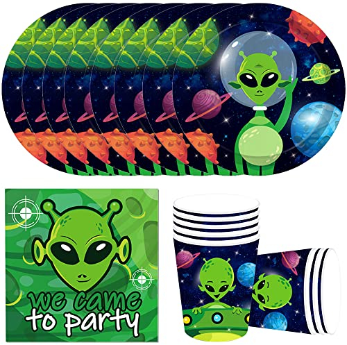 MEZHEN Alien Partygeschirr Kindergeburtstag Deko Alien Geburtstag Party Geschirr Grün Pappteller Becher Servietten Partygeschirr Tischdeko