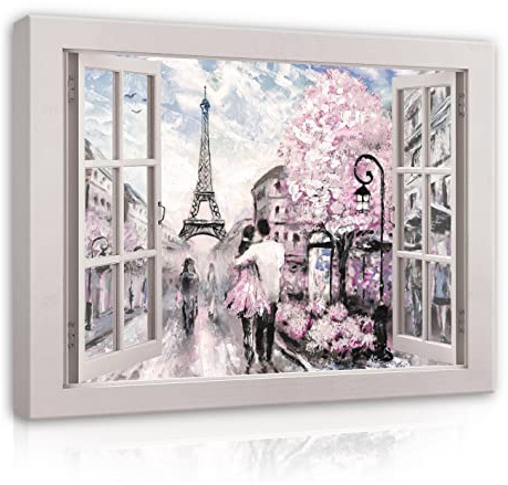 WallArena Leinwand Bilder Fensterbilck Fenster Paris Eiffelturm Aquarell - 100x75 cm Leinwandbilder Bild auf leinwand Wandbild XXL groß Wandbilder für Wohnzimmer Schlafzimmer Wohnzimmerbilder Modern