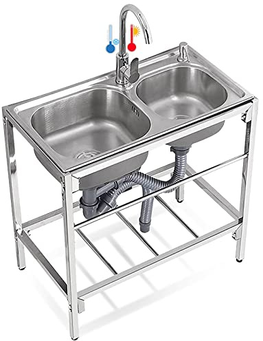 Acero Inoxidable Fregadero Cocina Comercial Dos Senos Móvil Exterior Jardin Fregadero Acero Inoxidable 2 Compartimientos Con Grifo frío y Caliente para Camping Jardín Restaurante y Bar 80 x 43 x 75cm