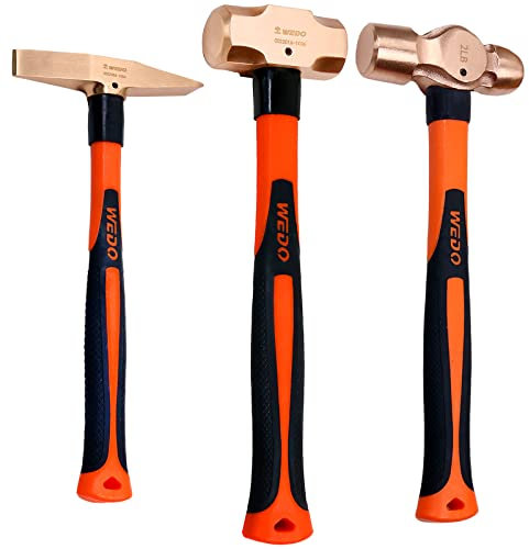 WEDO 3PCS Copper Hammer Set with Fiberglass Handle,3lb Sledge Hammer,300g Scaling Hammer,2lb Ball Pein Hammer,Die-Forge,Corrosion Resistant