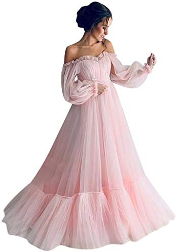 Women's Sexy Off Shoulder Long Sleeve Maxi Dress - Elegant Tulle Cocktail Wedding Bridesmaid Evening Gown - Pleated Floor Length Pageant Prom Ball Gown