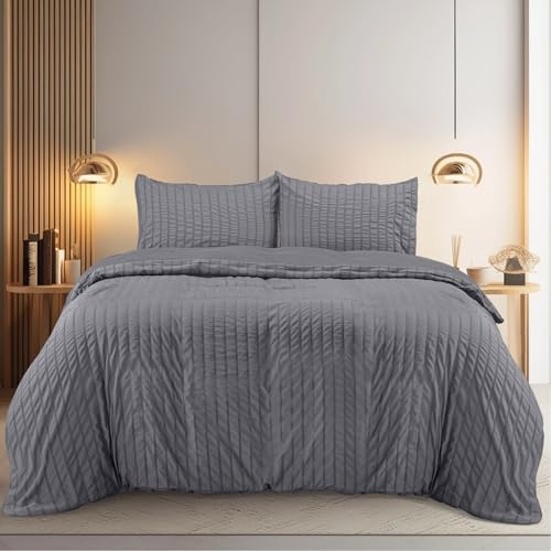 Utopia Bedding Seersucker Duvet Cover - King Size Duvet Cover Set with Pillowcases - Soft Microfibre Polyester Seersucker Bedding (Grey)