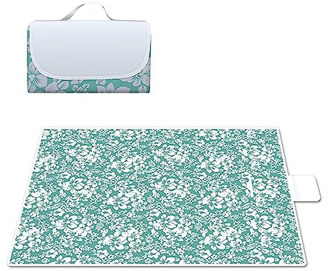 TengYuer Picknickdecke 180x200cm Stranddecke Wasserdicht Sandfrei Isoliert Faltbar Strandmatte mit Tragegriff Outdoor Campingdecke XXL für Camping Parks Strände Picknick Blau WeißE Blumen
