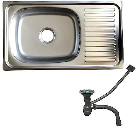 ANW HOME Küchenspüle Edelstahl mit Abtropffläche 76x45 cm mit Siphon, Spüle Küche, Waschbecken Küche, Spülbecken Edelstahl Rechteckig Satin