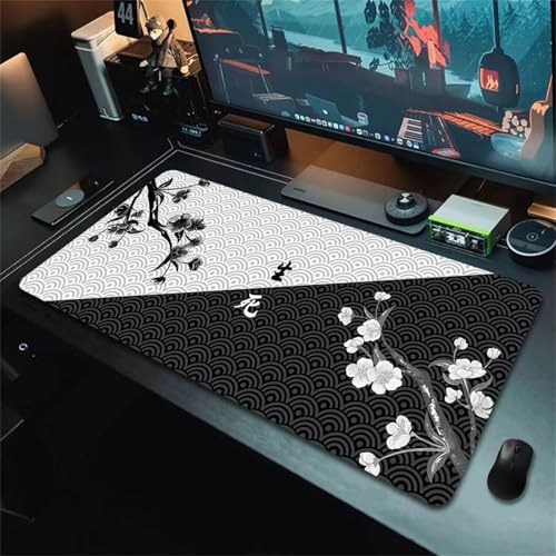 Große Gaming Mauspad 1000x500x3mm mit genähten Rändern,Rutschfeste Naturkautschukunterlage,Verbessert Präzision und Geschwindigkeit,Schreibtischmatte für Gamer,Büro&Zuhause Schwarz Weiße Blume