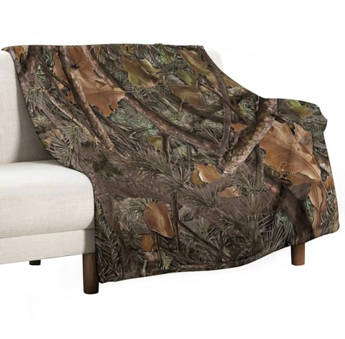 Flanell-Decken, Wald-Tarnmuster, Nadelbaum, Eichenzweige, Blätter, moosig, Jagdhütte, Camp, Hütte, Überwurf, Bettdecke für Sofa, Stuhl, Bett, 76,2 x 101,6 cm