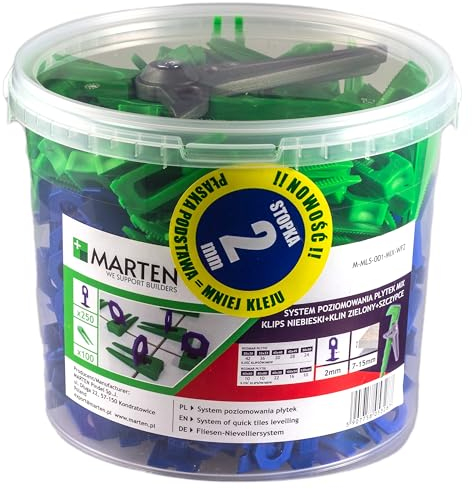 Marten Klin Sistema di livellamento per piastrelle Clip Spessore piastrella 7-15 mm Larghezza malta 1 mm 1,5 mm 2 mm 3 mm Pinze (2MM, 250 linguette + 100 cunei + 1 pinza)