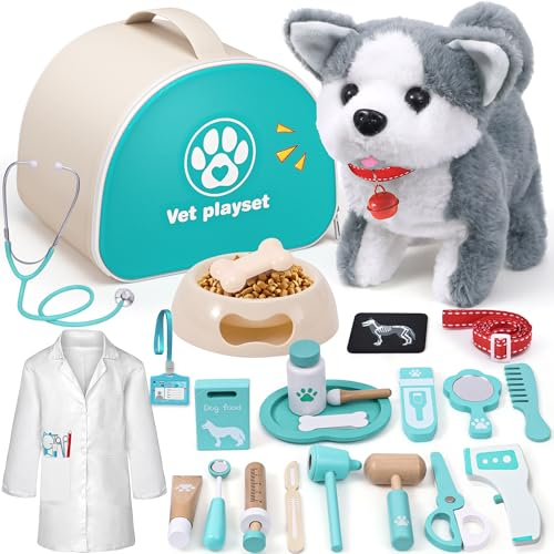 Arztkoffer Kinder Holz Tierarzt Spielzeug mit Elektrischer Hund Spielzeug der Läuft und Bellt, Arztkittel, Doktorkoffer, Interaktives Plüsch Husky Spielzeug Geschenk Mädchen Junge 3 4 5 6 Jahre