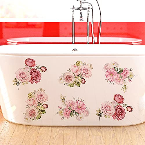 6Pcs Rose Flower Bird Oceans Bathtub Toilet Stickers Decals,Fish Bird Flower Leaf Waterproof Bathtub Lid Tank Seat Decals Cistern Self-Adhesive Bathroom Wall Sticker
