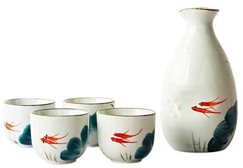 QXSJEDYCH Service à saké 5 pièces, Ensemble de Tasses à saké en céramique à Motif de Poisson Rouge Peint à la Main, avec 4 Tasses à saké, 1 Pot à saké, Tasses de 250 ML Mugs