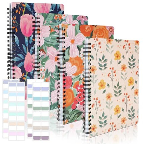 SHAIDOJIO 4 Stück Notizbuch A5, Spirale Notizbücher-21 * 14.5cm, 160 Seiten Hardcover A5 Notizblock mit 4 Blatt Book Tabs, Floral Kariert Abdeckung Spiralblock A5 Kariert für Memos Reisen Schue Büro