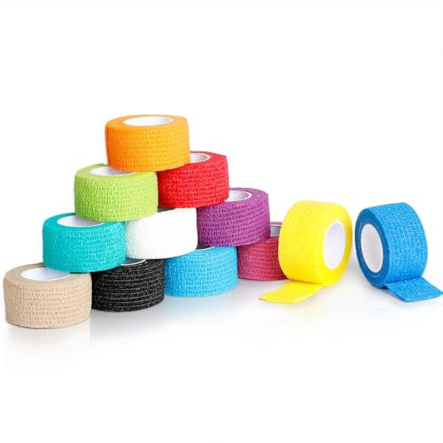 AiQInu 12 Rotoli di Bende Elastiche Autoadesive Colorate per Animali 2.5 cm x 4.5 m, Ipoallergeniche, Impermeabili e Traspiranti, Garza Autoadesiva per Fasciatura, per ginocchio spalla gomito