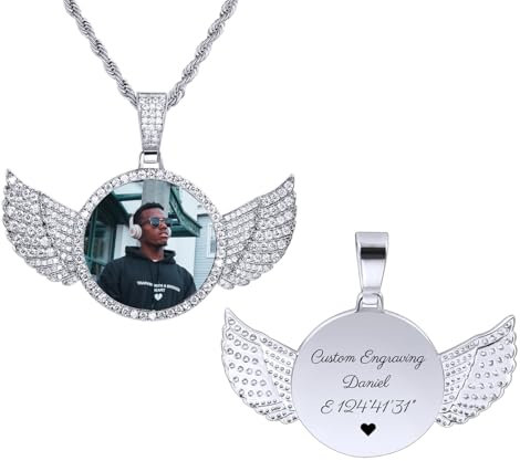 LINEMENG Personalized Photo Pendant Medal Necklace Angel Wing Engraving Picture for Men Women Customized Memorial Medallion Image Copper Hip Hop Rope Chain