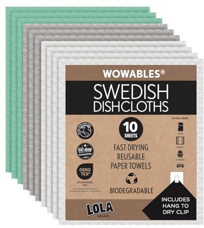 LOLA Swedish Dishcloths for Kitchen 10 Sheets, Biodegradable & Compostable Reusable Paper Towel Cleaning Cloths No Odor Washing Dishes Ultra Absorbent Cellulose Sponge Towel Made in Germany