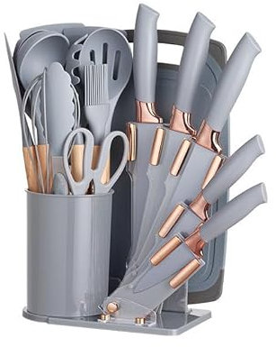 Silicone Cooking Utensil Set, 19 Pieces, Non-Stick Spatula, Spoon and Knife, Assorted Colours (Grey)