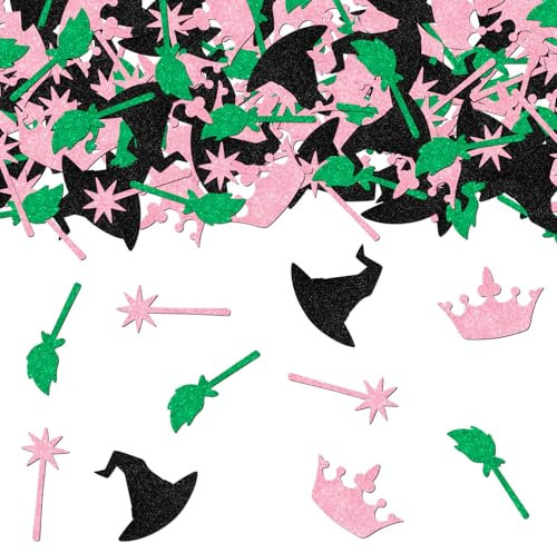 200 coriandoli da tavolo da strega, rosa e verde, decorazioni per feste a tema strega, corona, cappello magico, scopa, carta da spargere con scritta Let's Have A Wicked Time, decorazione per feste