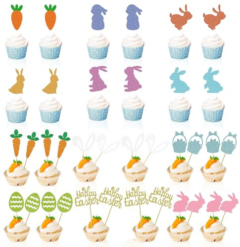 36 Piezas Decoración para Tarta de Pascua, Purpurina Adornos para Tartas de Pascua, Zanahoria de huevo de Pascua Cake Topper Pascua Toppers para Primavera Decoración de Tartas de Pascua