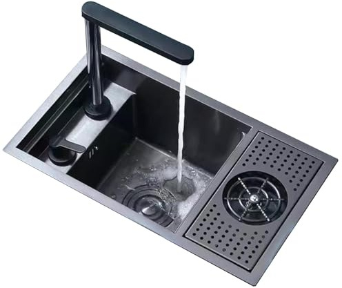 GOKEUEKDY Verstecktes Spülbecken für gewerbliche Küchen, Siphon-Spüle mit Tassenspüle, Faltbarer Wasserhahn für Cafés, Bars, Wohnmobile, Aufsatzwaschbecken