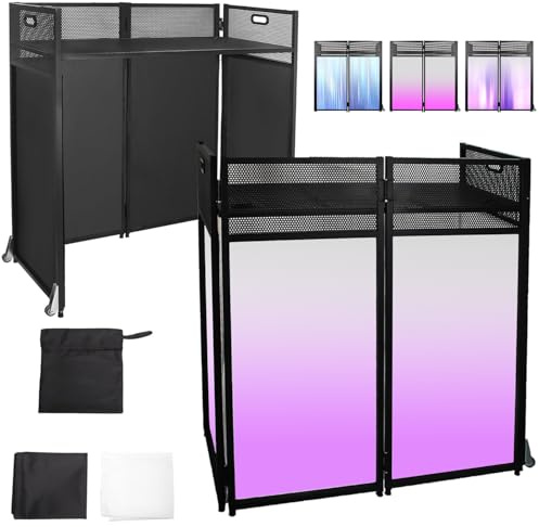 DJ Facade Booth Table 43 x 22-Portable with Black&White Lighting Scrims Flat DJ Booth Panel-Black Metal Frame with 2 Extra Wheels for Show, Party