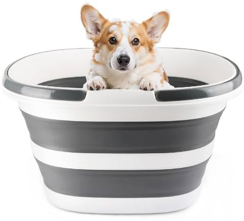 28L Large Collapsible Mop Bucket with Handle for Cleaning, Silicone Portable Pet Bathtub for Puppy Small Dogs Cats, Foldable Laundry Basket Hamper Clothes Storage Bin Space Saving Design for RV