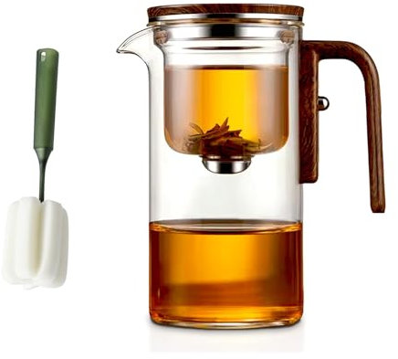 720ML Glass Teapot with Strainer & Wooden Handle - Magic Loose Leaf Tea Maker for Witchcraft & Herbal Brewing Press Control Design for Perfect Infusions
