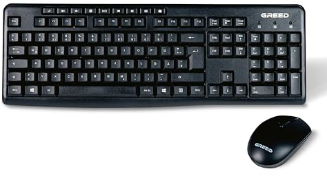 GREED - Kabelloses Tastatur + Maus Set | 2,4 GHz Funk | QWERTZ Layout | Multimedia Tasten | Keyboard & Mouse - Computer | ergonomisch | wireless & silent | Full-Size Nummernblock | PC & Laptop Zubehör