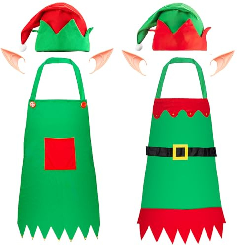 Tobriavor 2 Set Weihnachtself Weihnachtskostüm Damen Herren,Weihnachtsschürze Kochschürze Wichtelmütze mit Elfenohren Elfen Weihnachtselfen Wichtel Kostüm