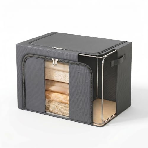 MBI COZVIX Aufbewahrungsboxen Stoff 66L, Faltbar mit Stabilem Metallrahmen, Stapelbar Kleideraufbewahrung mit Deckel & Sichtfenster - Großer Organizer für Kleidung, Bettwäsche, Kleiderschrank & Regal