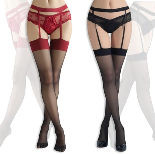 YCZARD 2Pcs Lace Garter Belt Thong Stockings Set, Women Sexy Sheer Mesh Thigh Highs Sexy Pantyhose Lace Suspender Tights with Garter and Thong Black Red