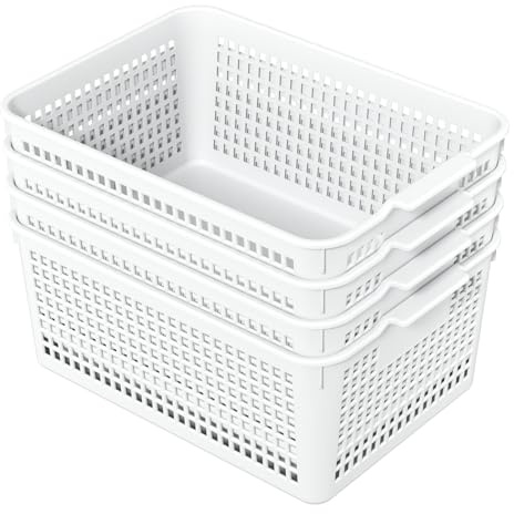 Ysmiltion 4 Packs Large Plastic Storage Basket Kitchen Cupboard Boxes White