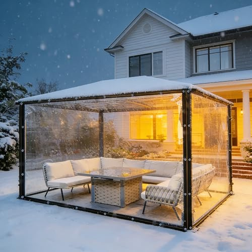 Heavy Duty Clear Tarp, Transparent PVC Waterproof Cover with Grommets, 10x14 FT Reinforced Plastic Sheeting for Greenhouse, Patio Enclosure, Porch, Chicken Coop, Winter Rainproof Protection