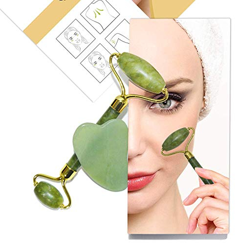 Jade Roller Gift Set, Gua Sha facial Massager, 100% natural jade anti aging skin tightening Massager, Face slimming for cheeks, Double chin and under eye tightening, Traditional Chinese Skin care tool
