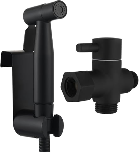 Tecmolog Bidet Sprayer Set Edelstahl Bidet Handbrause mit 3-Wege Umschaltventil 3/8-12/17 und Duschkopfhalterung ohne Bohren Schwarz, WS024CF2