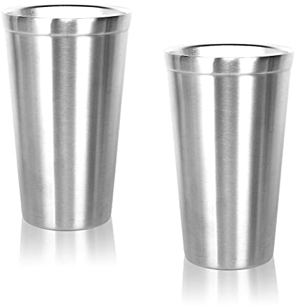 Tazas con aislamiento de doble pared de acero inoxidable (juego de 2) apilables, taza de café/té/vasos de cerveza escalofriantes, para viajes, al aire libre, camping y todos los días, 480 ml (Plata)