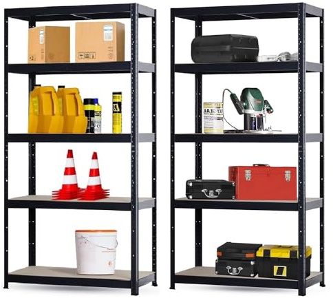Brigros - Scaffale Metallo Garage 180x90x40cm Ad Alta Portata 875kg, 5 Ripiani Mdf, Scaffale Salvaspazio Ideale Per Garage, Officina, Cantina, Magazzino, Design Modulare (Doppio, Nero)