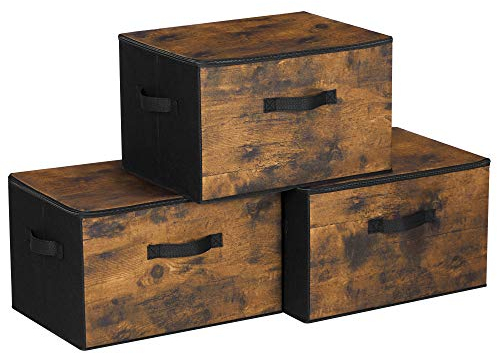 SONGMICS Sac de Rangement, Lot de 3, avec Couvercle, Boîte de Rangement, Pliable, avec Poignées, pour Jouets, Vêtements, Marron Rustique RYZ103B01