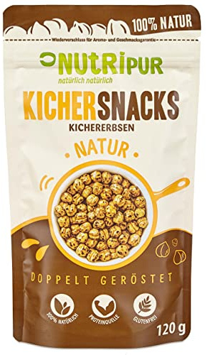Kichererbsen Snack: 120g leckere Kichersnacks aus doppelt gerösteten Kichererbsen – Nussige Snacks geröstet – Kicher Erbsen Snack vegan, glutenfrei – Natürliche Knabbereien geroestet – NutriPur