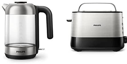 Philips Hervidora de cristal Serie 5000 HD9339/80 Hervidor de agua eléctrico de vidrio, diseño elegante, capacidad 1.7L + Daily HD2637/90 Tostador 950w, Doble Ranura, Color Negro, Inox