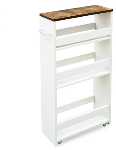 TEAMIX 4 Tier White Slim Storage Cart with Handle, Slide Out Storage Rolling Utility Cart Mobile Shelving Unit Organizer Trolley for Small Spaces Kitchen Laundry Narrow Places
