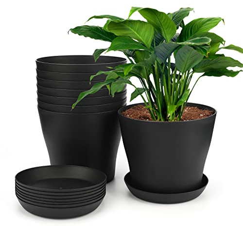 KINGLAKE 8 Pièces 17 CM Pots Plastique Plantes, Cache Pot Interieur Exterieur, Pot de Fleur avec Plateaux, Convient aux Semis, Cactus, Plantes Succulentes, Orchidées, Herbes -Noir