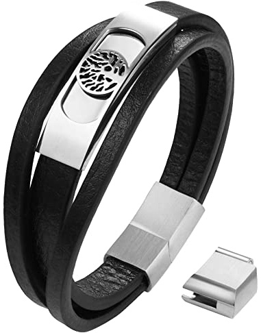 JewelryWe Schmuck Lebensbaum Armband Herren Lederarmband Baum des Lebens Leder Geflochten Verstellbar Armreif Manschette Wickelarmband mit Edelstahl Magnetverschluss, Schwarz Gold Silber