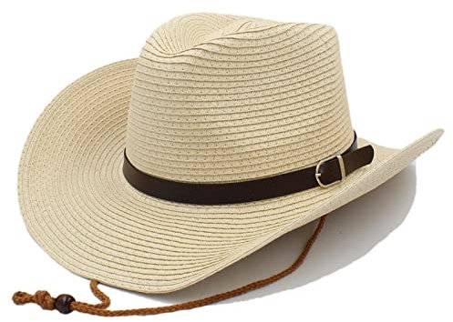 QBQZXAOSOWH Fedora Trilby Mode Herren Stroh Western Cowboyhut Mit Winddichtem Seil Für Herren Papa Strand Sonne Sombrero Hut Größe 58 cm Stroh