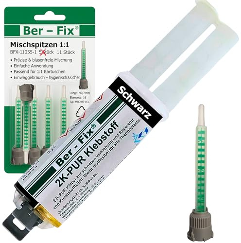 Ber-Fix 2K PUR Kleber schwarz 25g + 11 Düsen schnell flexibel Kunststof | 2K PUR Kleber schwarz 25g + 11 Mischdüsen schnell flexibel Kunststoff: Schwarzer 2K-PUR-Kleber für schnelle