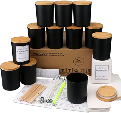 MILIVIXAY Mattierte schwarze Kerzengläser aus Glas mit Deckeln und Kerzenherstellungs-Sets, leere Kerzengläser im Großpack zum Kerzenmachen, Gewürz- und Pulverdosen, 12er-Pack, 295 ml